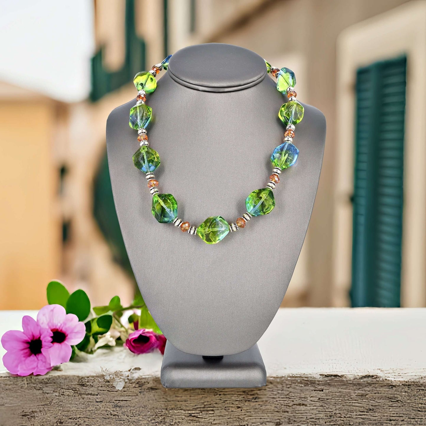 Bi-color Large Italian Blue and Green Bead Statement Necklace with Austrian Crystals and Sterling Silver Clasp  