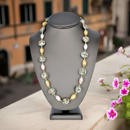 Grey and Gold Murano Glass Necklace with Citrine and Apatite  