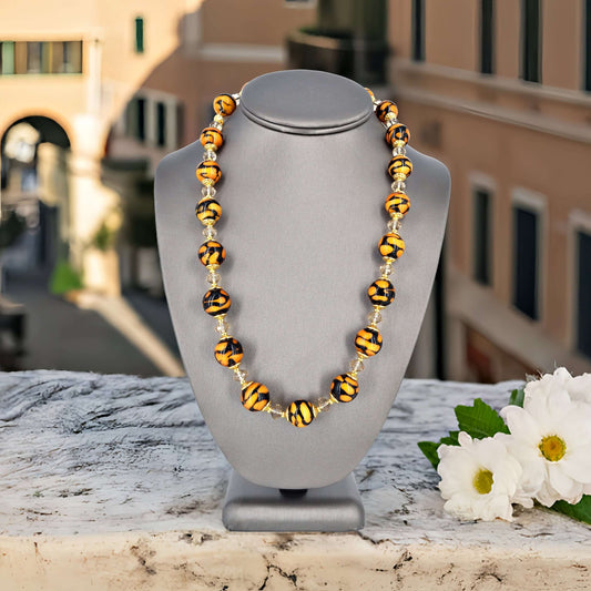 Brown and Black Murano Glass Bead Necklace with Austrian Crystals  