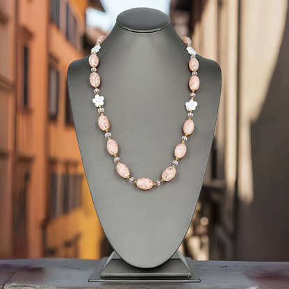 Pink Oval Italian Beaded Murano Necklace with Citrine, Rose Quartz and Garnet Gemstone Beads  