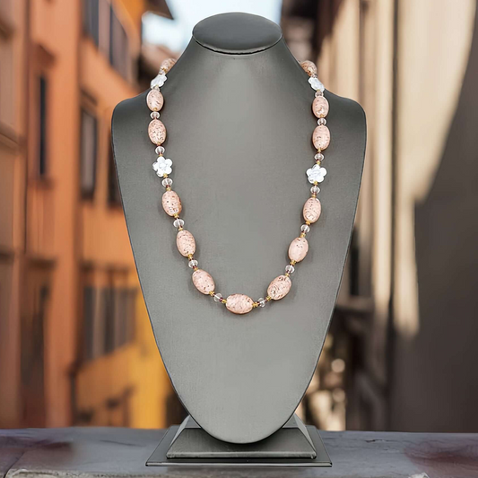 Pink Oval Italian Beaded Murano Necklace with Citrine, Rose Quartz and Garnet Gemstone Beads  