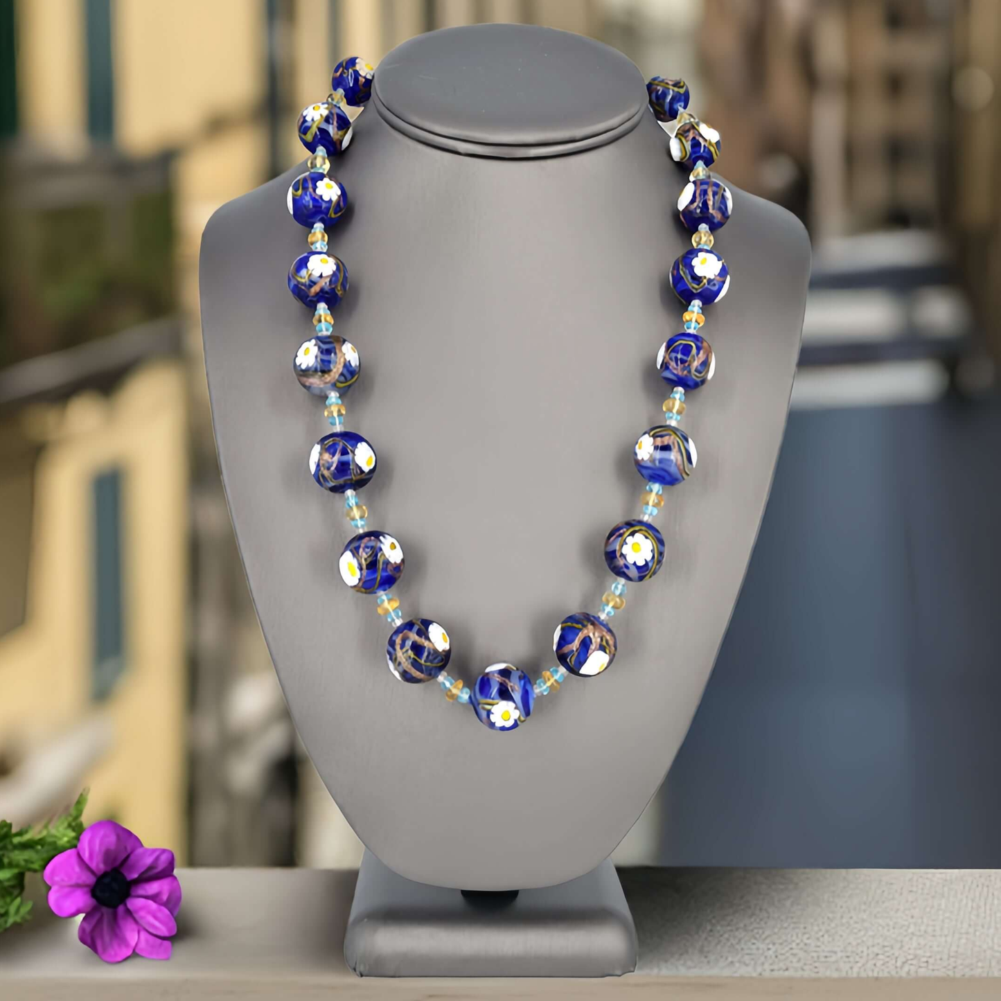 Blue Floral Round Murano Glass Ball Bead Necklace with Citrine and Apatite Gemstones  