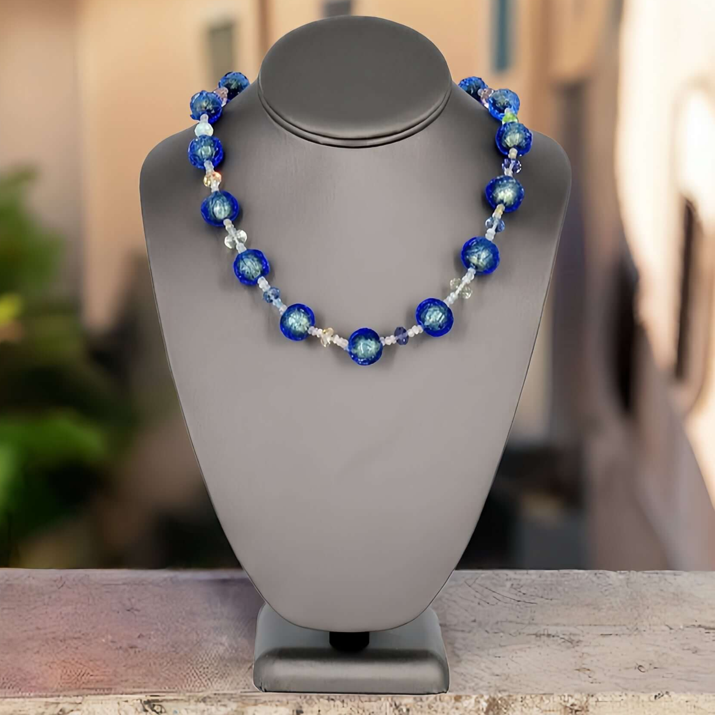 Glacier Blue Italian Bead Necklace with Austrian Crystals and Graduating Aquamarine with Sterling Silver Clasp  