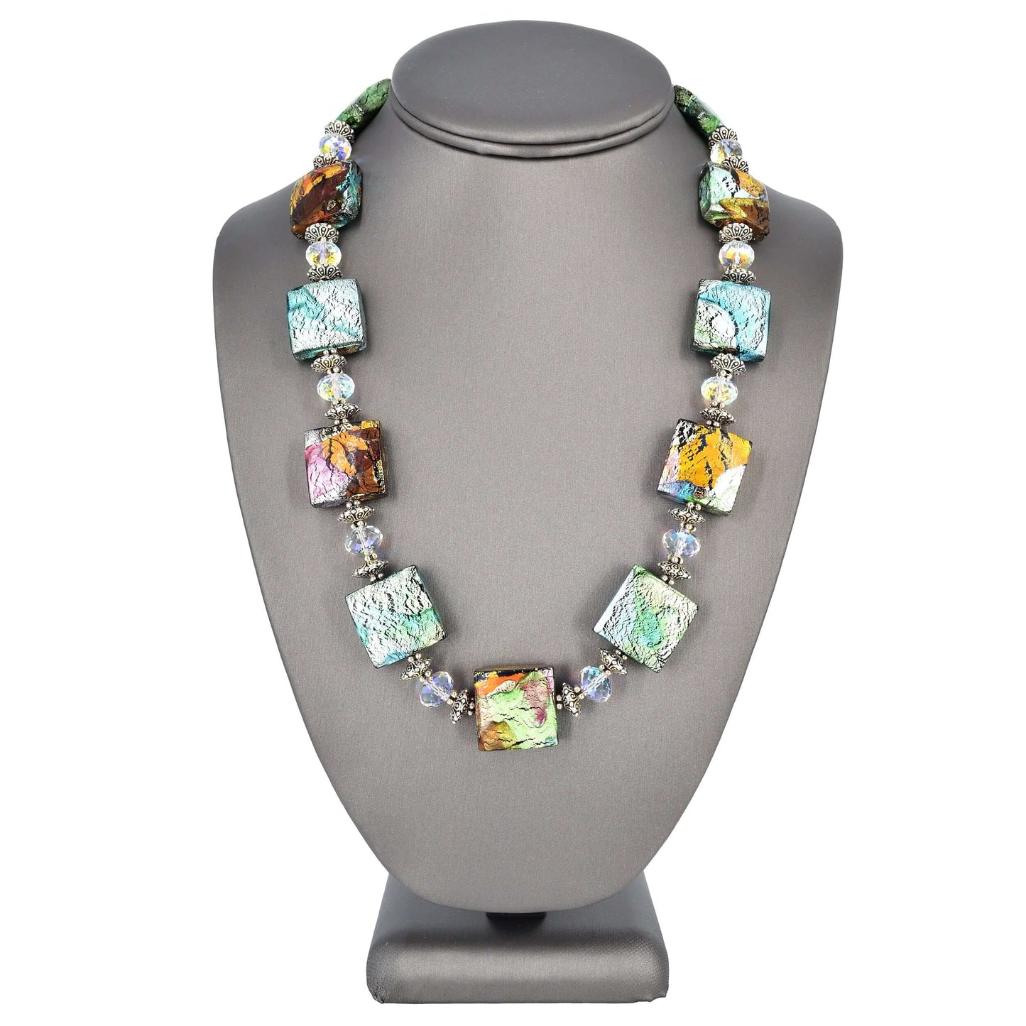 Multi-Color Large Italian Murano Glass Bead Necklace with White Austrian Crystals  