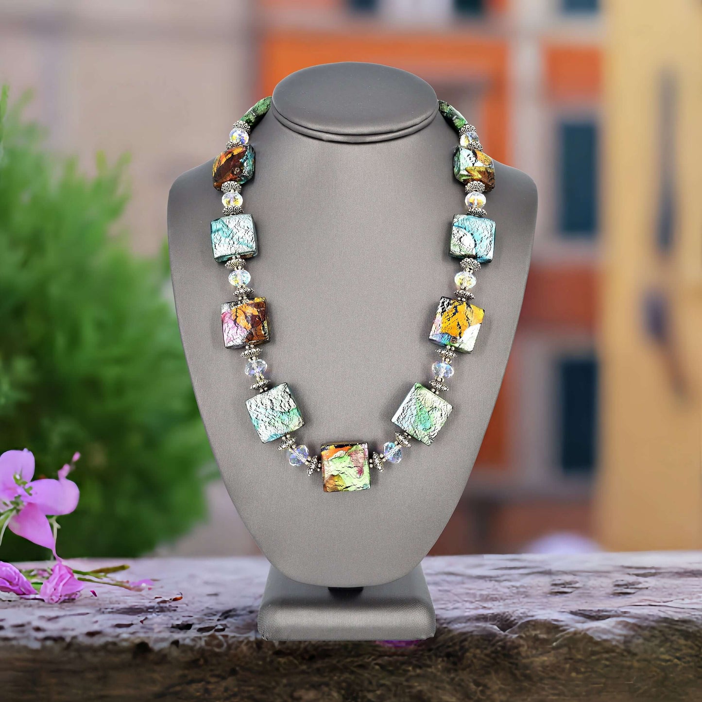 Multi-Color Large Italian Murano Glass Bead Necklace with White Austrian Crystals  