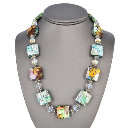 Multi-Color Large Italian Murano Glass Bead Necklace with White Austrian Crystals  