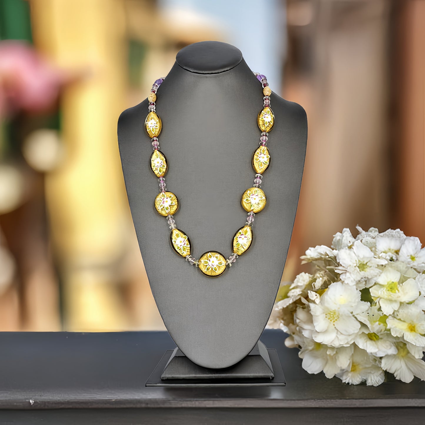 Gold Floral Coin Necklace with Green Amethyst, Rose Quartz and Tourmaline and Sterling Silver Clasp  