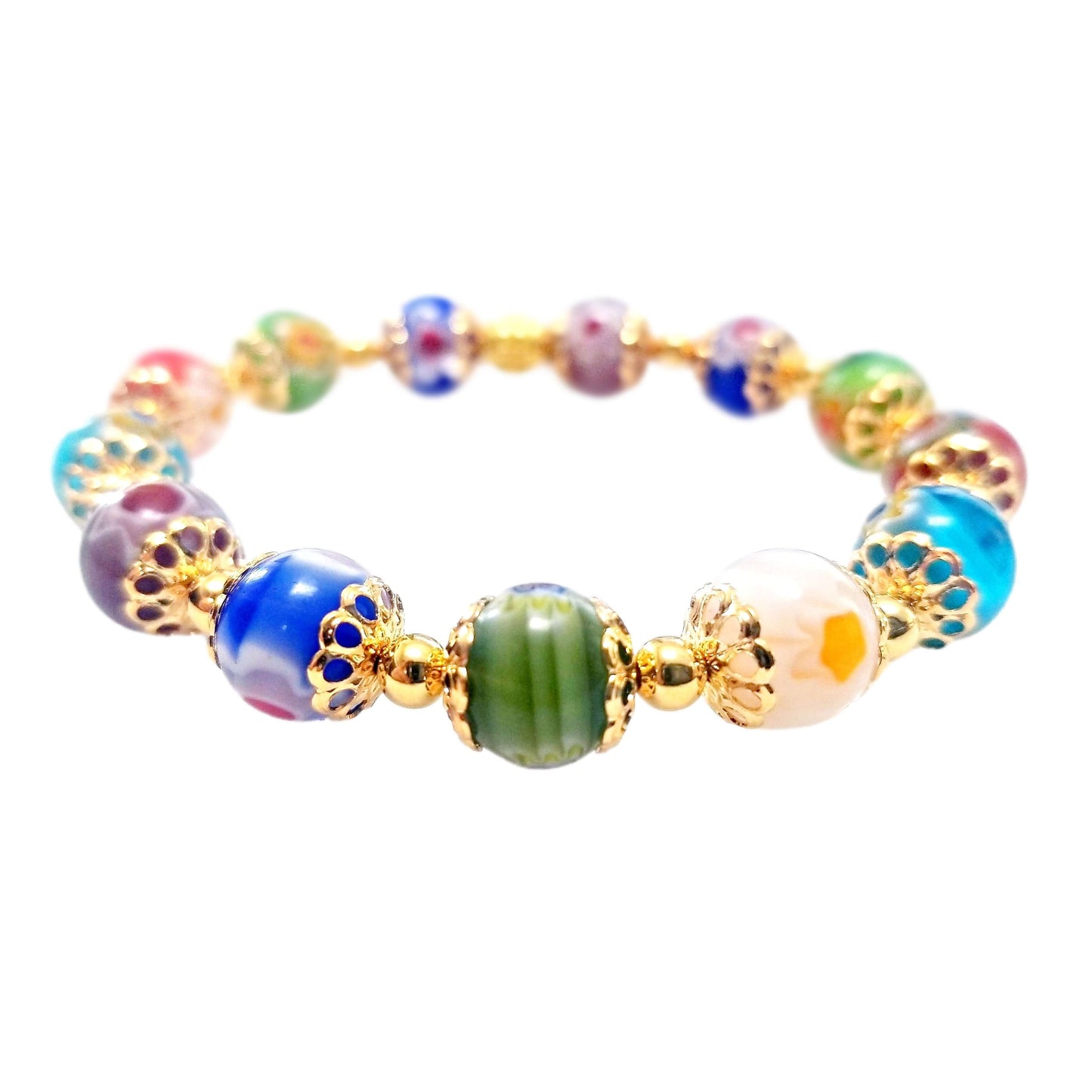 Multi-Color Millefiori Gold Stretch Italian Bead Bracelet  