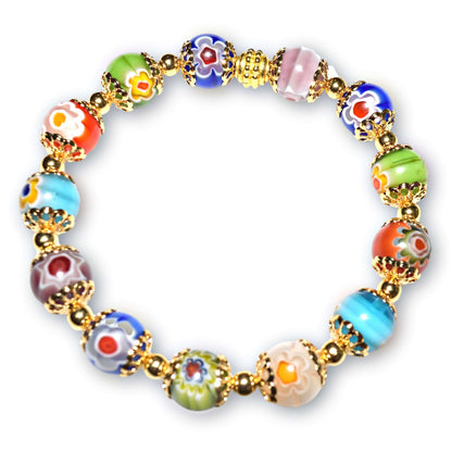 Multi-Color Millefiori Gold Stretch Italian Bead Bracelet  