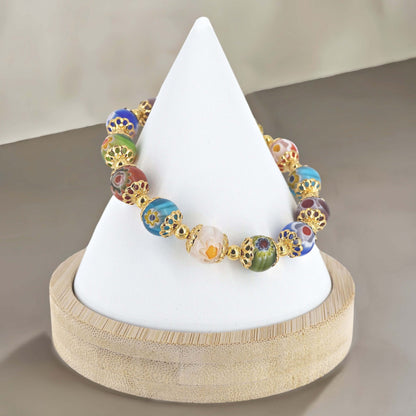 Multi-Color Millefiori Gold Stretch Italian Bead Bracelet  