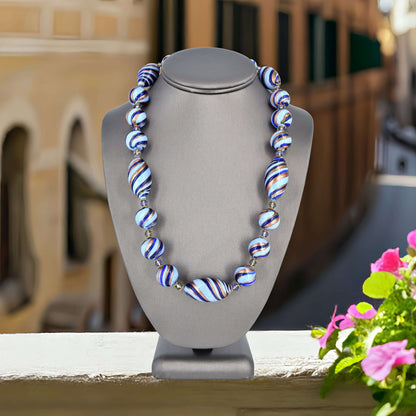 Blue Stripe Murano Glass Bead Statement Necklace  