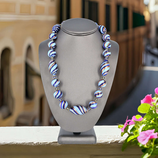 Blue Stripe Murano Glass Bead Statement Necklace  