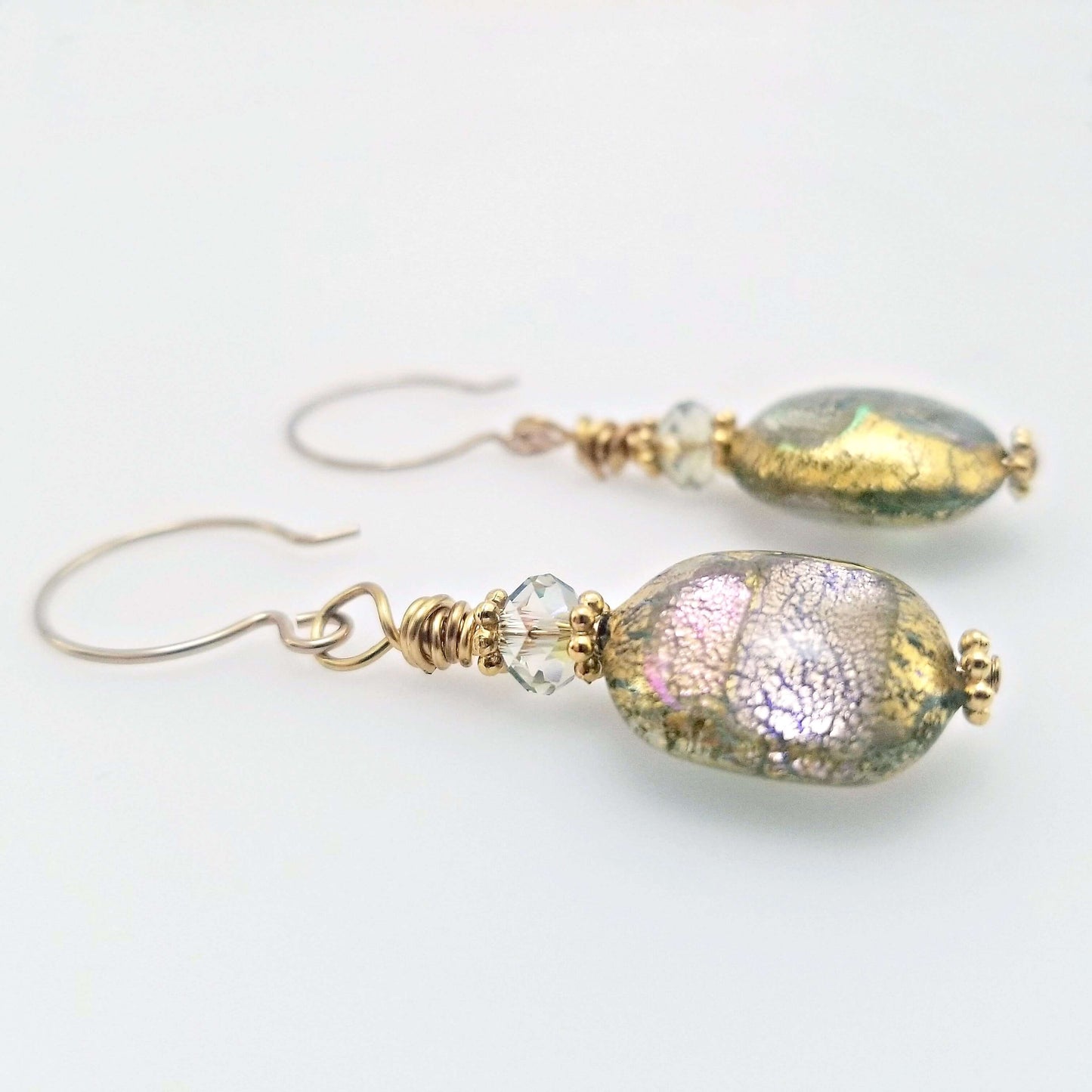 Multi-Color Gold and Pink Dichoric Venetian Bead Glass Earrings with Austrian Crystals on Gold Filled Earring Wires  