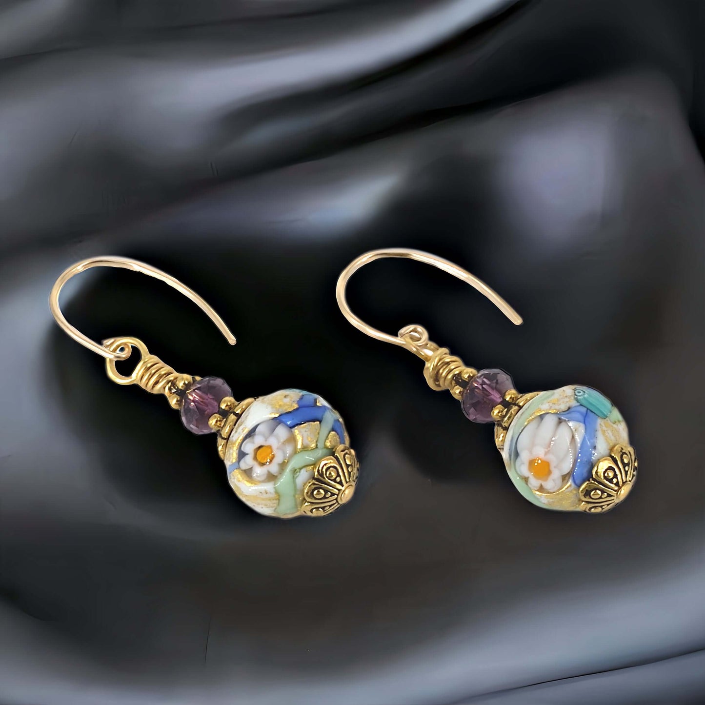 Stunning Millefiori Floral Earrings with Austrian Crystal and Gold Filled Ear Wires  