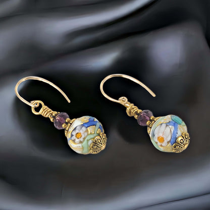 Stunning Millefiori Floral Earrings with Austrian Crystal and Gold Filled Ear Wires  