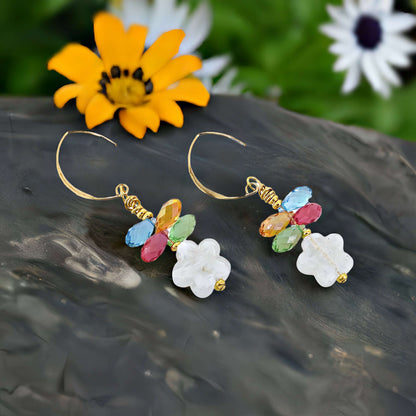 Austrian Crytal Dangle Earrings with White Floral Murano Glass on Gold Filled Earring Wires  