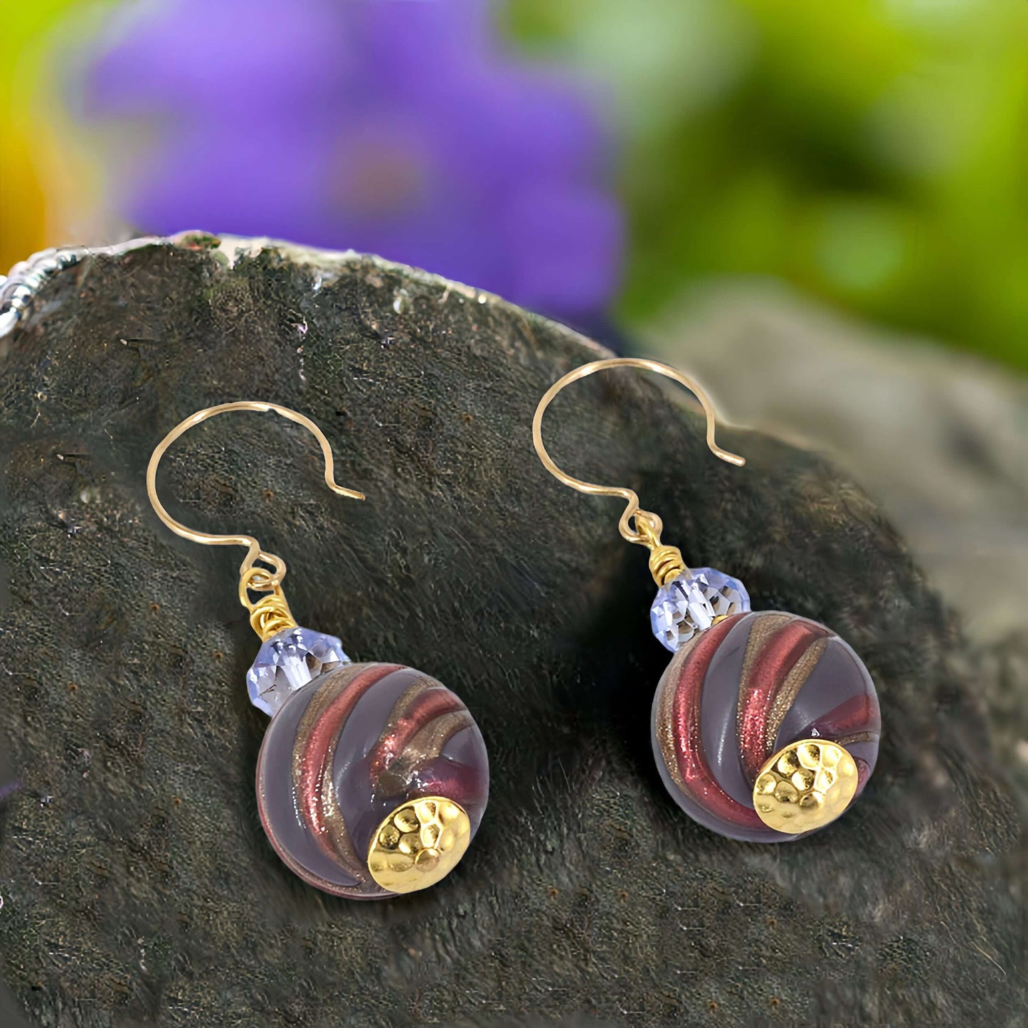 Purple Swirl Round Murano Glass Earrings with Purple Austrian Crystals on Gold Filled Earring Wires  