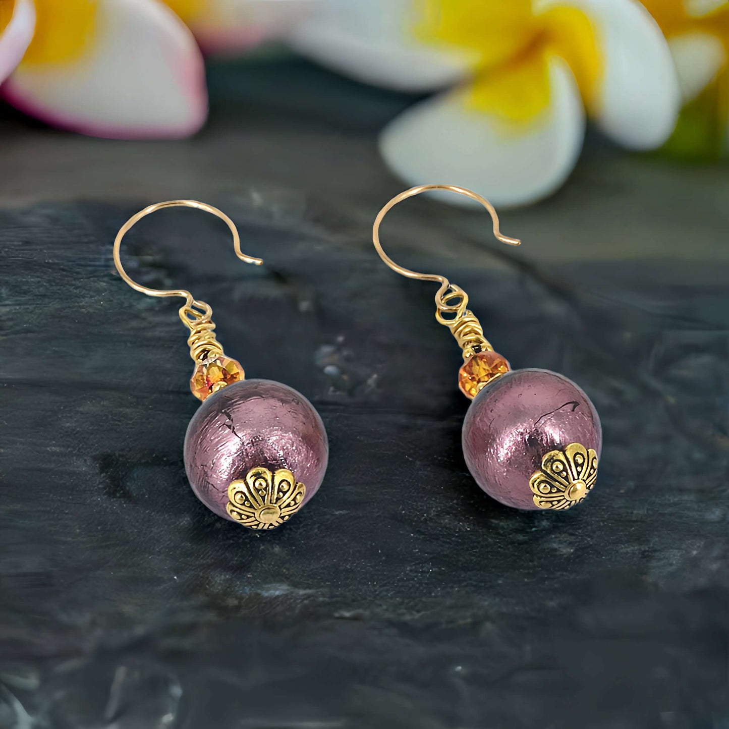 Purple Round Venetian Glass Earrings with Austrian Crystals on Gold Filled Earring Wires  