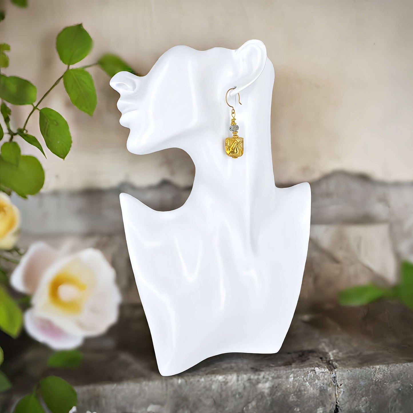 Gold Square Murano Glass Beaded Dangle Earrings with Austrian Crystal on Gold-Filled Earring Wires  