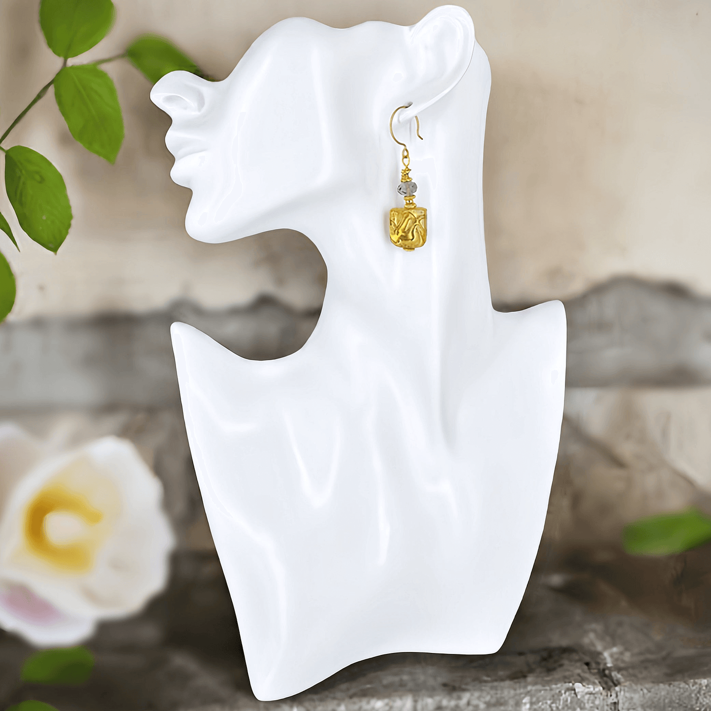 Gold Square Murano Glass Beaded Dangle Earrings with Austrian Crystal on Gold-Filled Earring Wires  