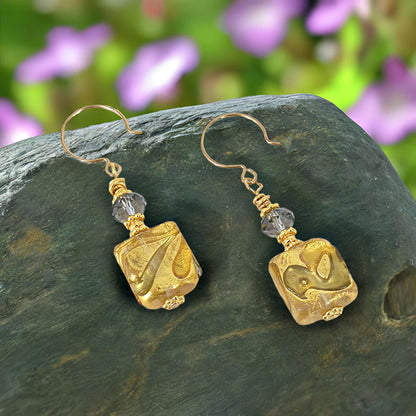 Gold Square Murano Glass Beaded Dangle Earrings with Austrian Crystal on Gold-Filled Earring Wires  