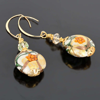 Orange and Gold Large Lentil Italian Bead Earrings on Gold-Filled Earring Wires  