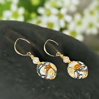 Orange and Gold Large Lentil Italian Bead Earrings on Gold-Filled Earring Wires  