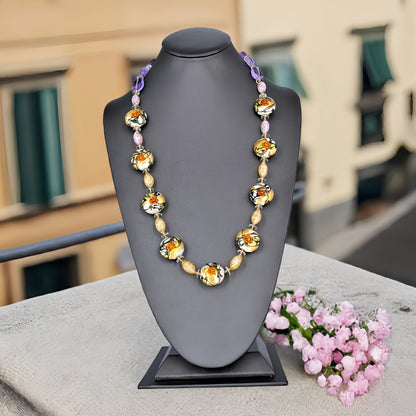 Italian Glass Floral Amethyst Necklace with Amethyst, Citrine and Ruby Gemstones and Sterling Silver Clasp  