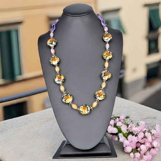 Italian Glass Floral Amethyst Necklace with Amethyst, Citrine and Ruby Gemstones and Sterling Silver Clasp  