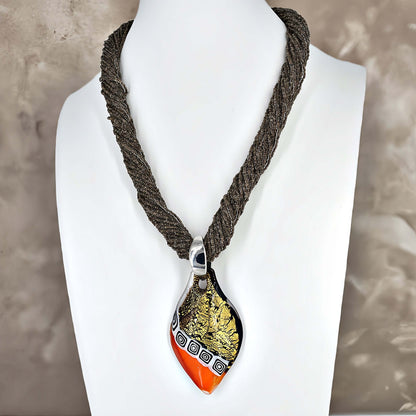 Brown Multi-Strand Italian Seed Bead Necklace with Large Gold and Orange Murano Glass Pendant  