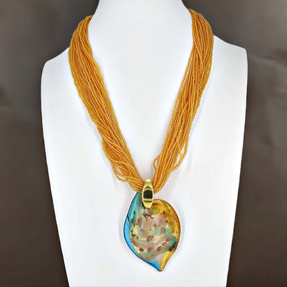 Orange Seed Bead Necklace with Blue and Orange Large Murano Glass Pendant  