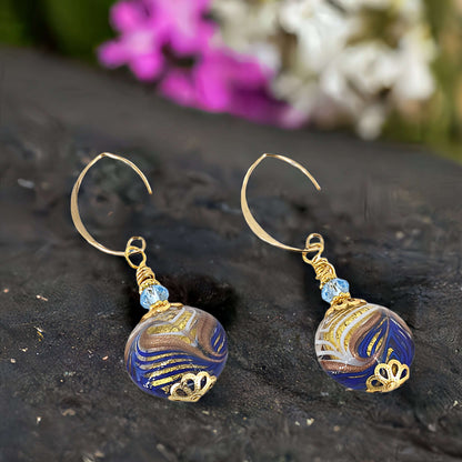 Peacock Gold and Blue Coin Statement Earrings with Gold-Filled Earring Wires  