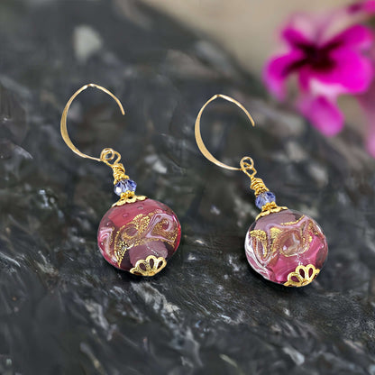 Pink Swirl Lentil Italian Bead Earrings with Austrian Crystals on Gold-Filled Earrings  