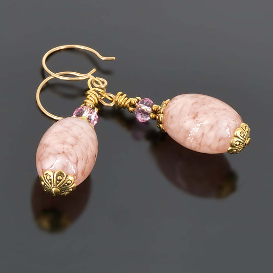 Pink Oval Italian Bead Earrings With Pink Austrian Crystal on Gold-Filled Earring wire  