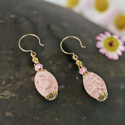 Pink Oval Italian Bead Earrings With Pink Austrian Crystal on Gold-Filled Earring wire  