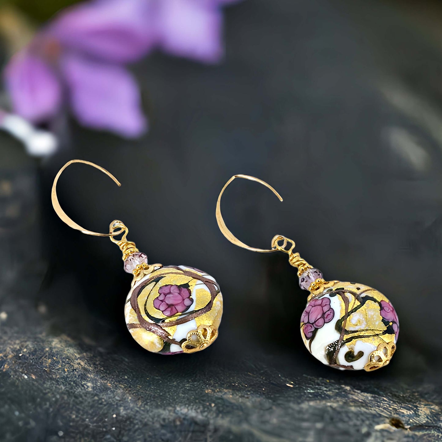 Pink and Gold Venetian Bead Earrings on Gold-Filled Earring Wires  