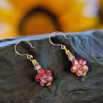 Pink Floral Venetian Bead Dangle Earrings with Austrian Crystals on Gold Filled Earring Wires  