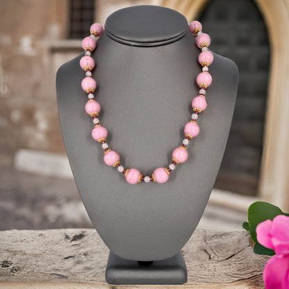 Round Pink Murano Glass Bead Statement Necklace with Garnet and Rose Quartz Gemstones.  