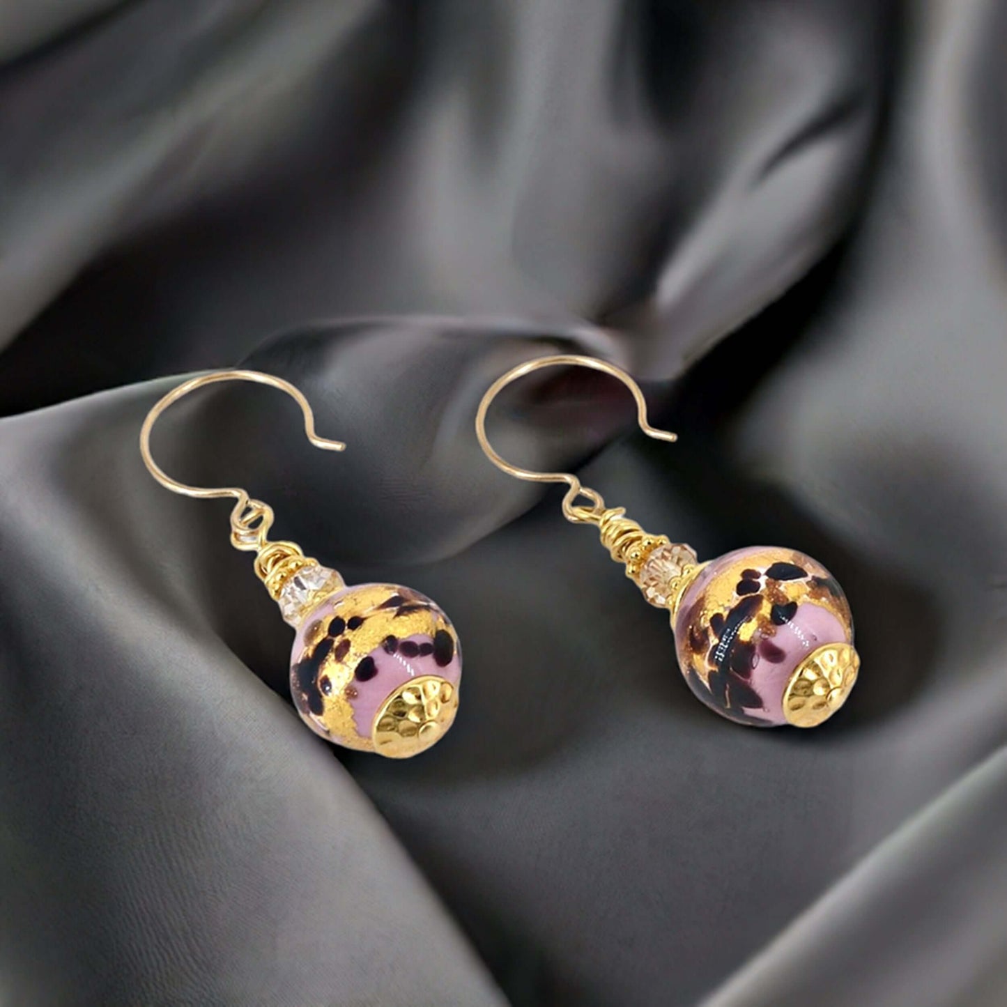 Pink Leopard Spot Italian Glass Bead Earring with Austrian Crystals and Gold-Filled Earwires  