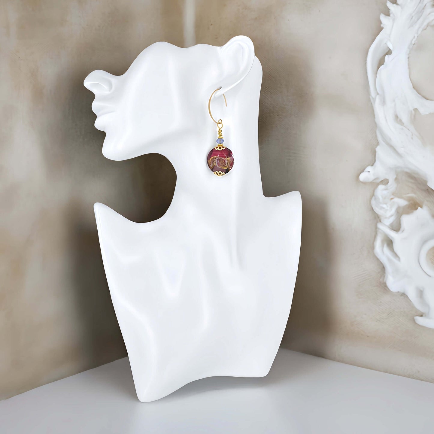 Pink Swirl Lentil Italian Bead Earrings with Austrian Crystals on Gold-Filled Earrings  