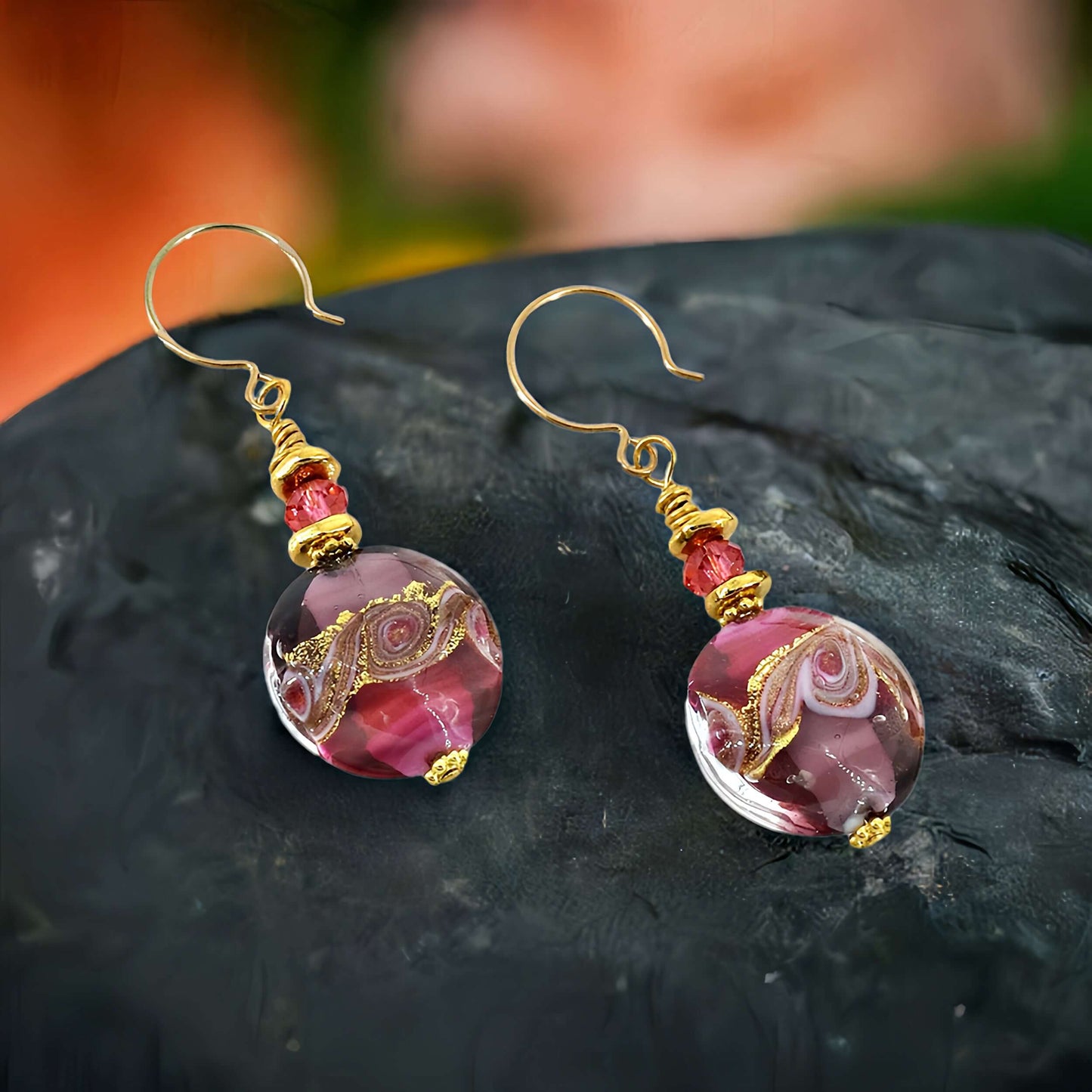 Gold and Pink Ocean Wave Murano Glass Bead Earrings with Austrian Crystal on Gold Filled Earring Wires  