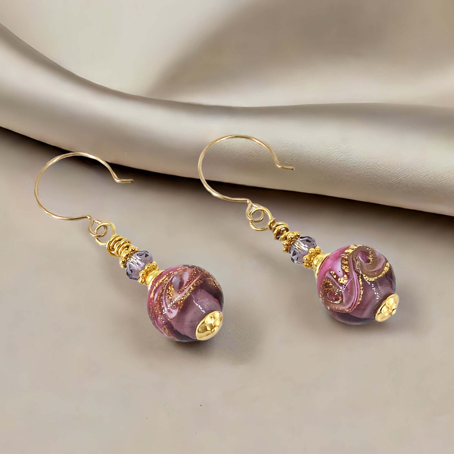 Pink Swirl Round Italian Bead Earrings with Austrian Crystals on Sterling Silver Earrings  