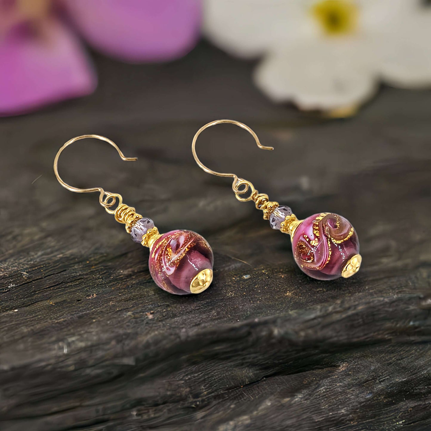 Pink Swirl Round Italian Bead Earrings with Austrian Crystals on Sterling Silver Earrings  