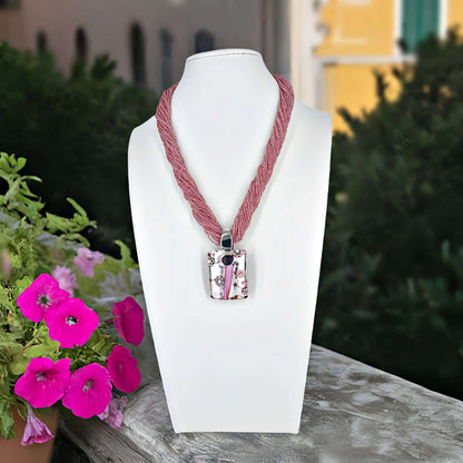 Pink Italian Seed Bead Multi-Strand Necklace with Large Silver and Pink Murano Glass Pendant  