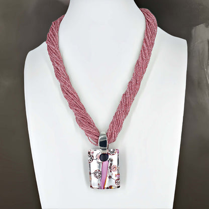 Pink Italian Seed Bead Multi-Strand Necklace with Large Silver and Pink Murano Glass Pendant  