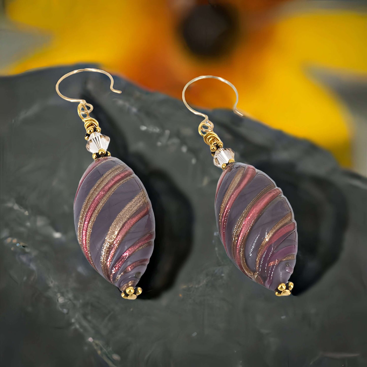 Large Purple Oval Swirl Italian Glass Bead Earring with Austrian Crystal on Gold Filled Earring Wires  