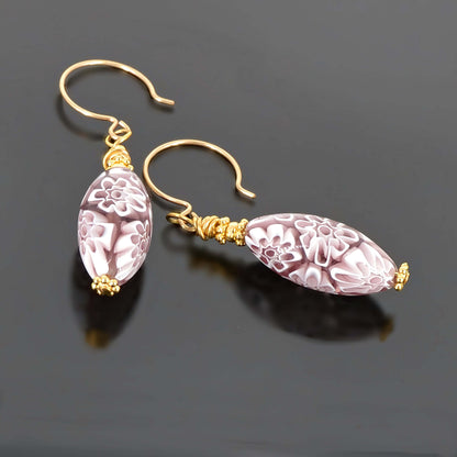 Oval Purple Floral Murano Glass Earrings on Gold Filled Earring Wires  