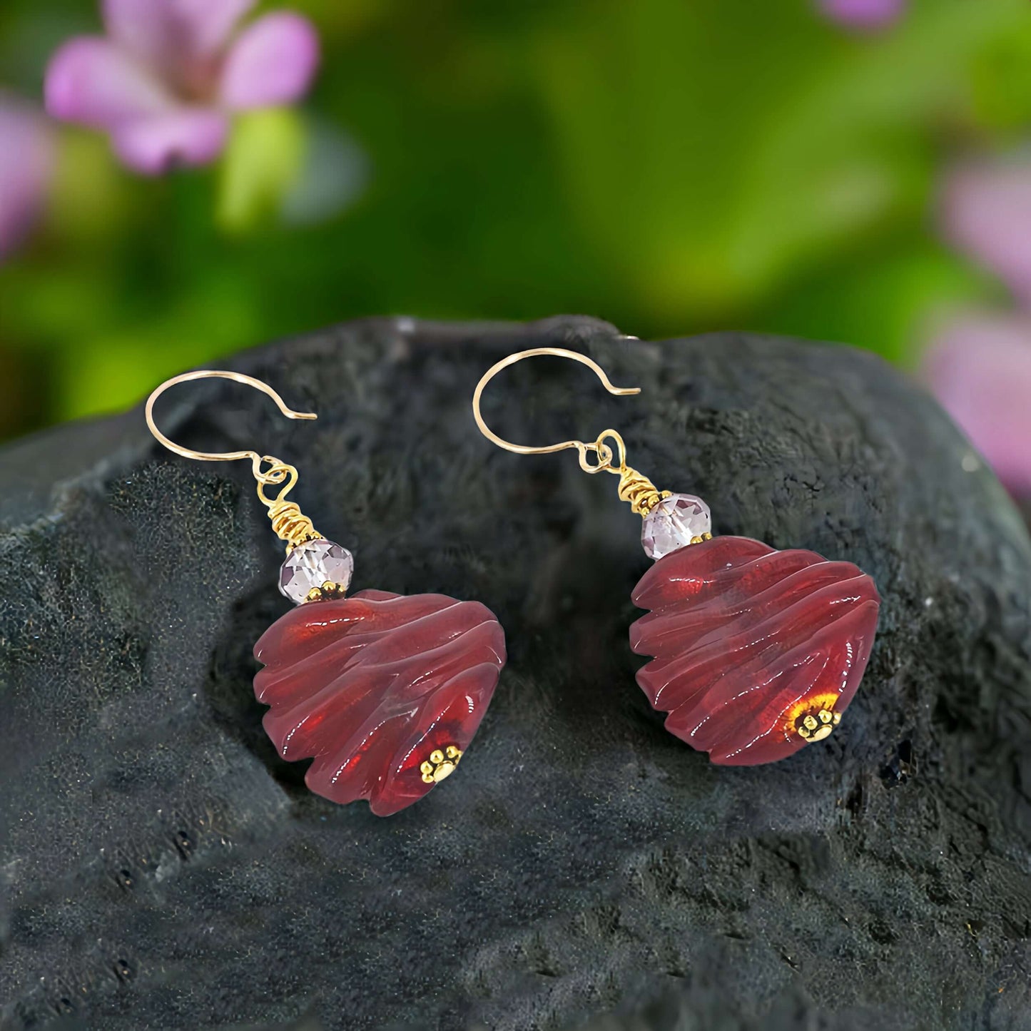 Red Wave Venetian Glass Bead Earrings with Austrian Crystals on Gold Filled Earring Wires  