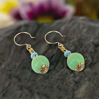 Ocean Green Italian Murano Glass Bead Earrings with Austrian Crystals on Gold Filled Earring Wires  