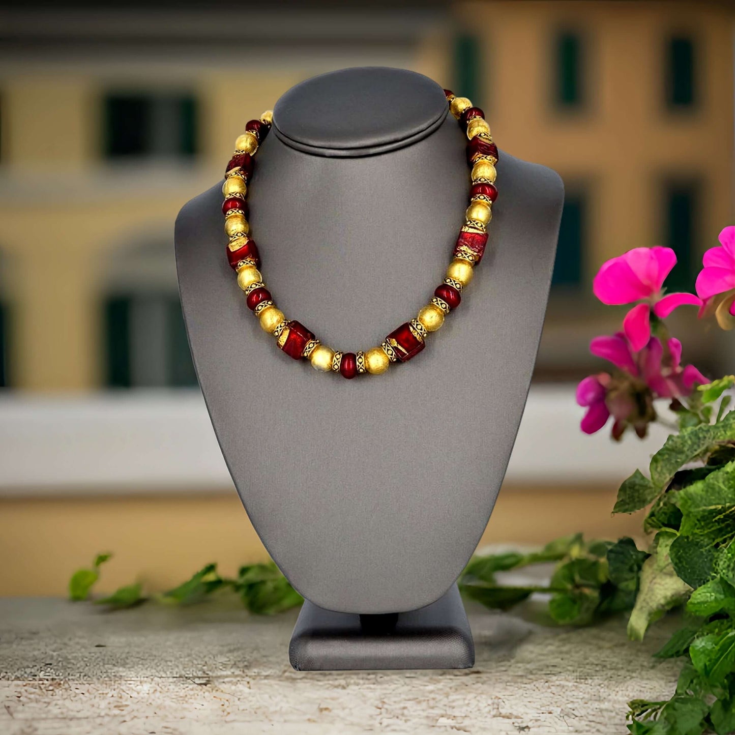 Gold and Red Italian Bead Necklace with Gold-Filled Clasp  